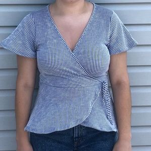 Blue and White Wrap Top